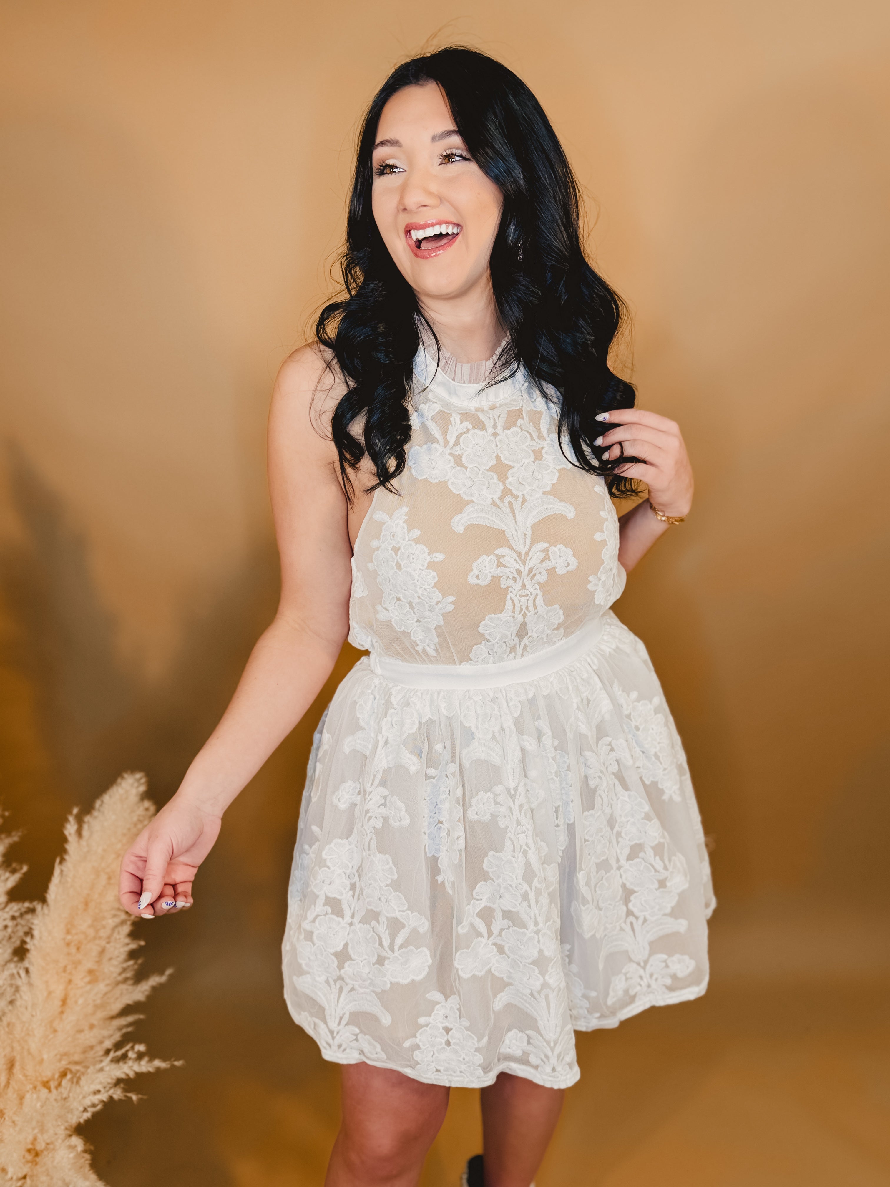 Floral Lace Sheer Mini Dress - Cream