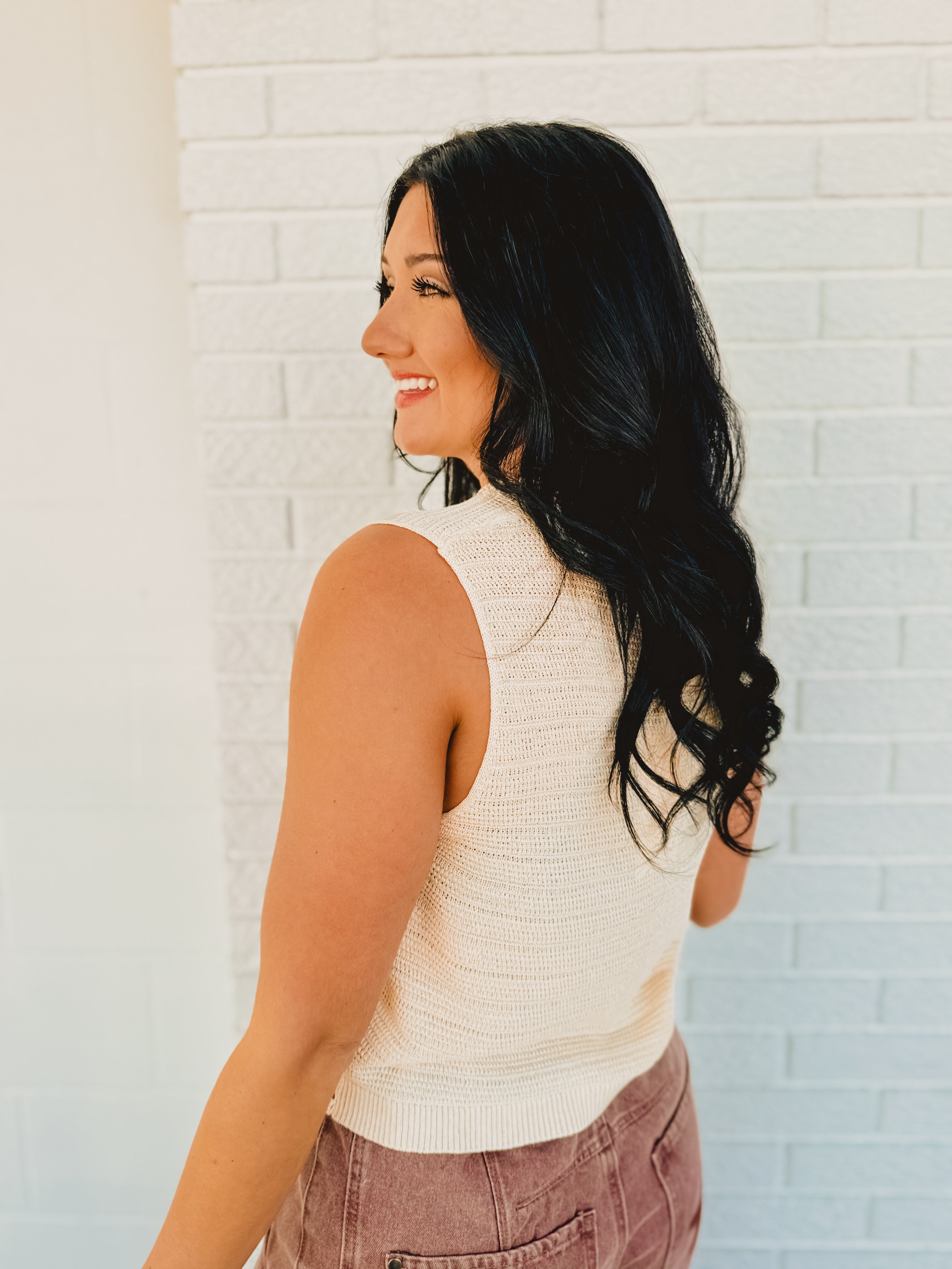 Crochet Trimmed Button Down Sweater Vest - Oatmeal