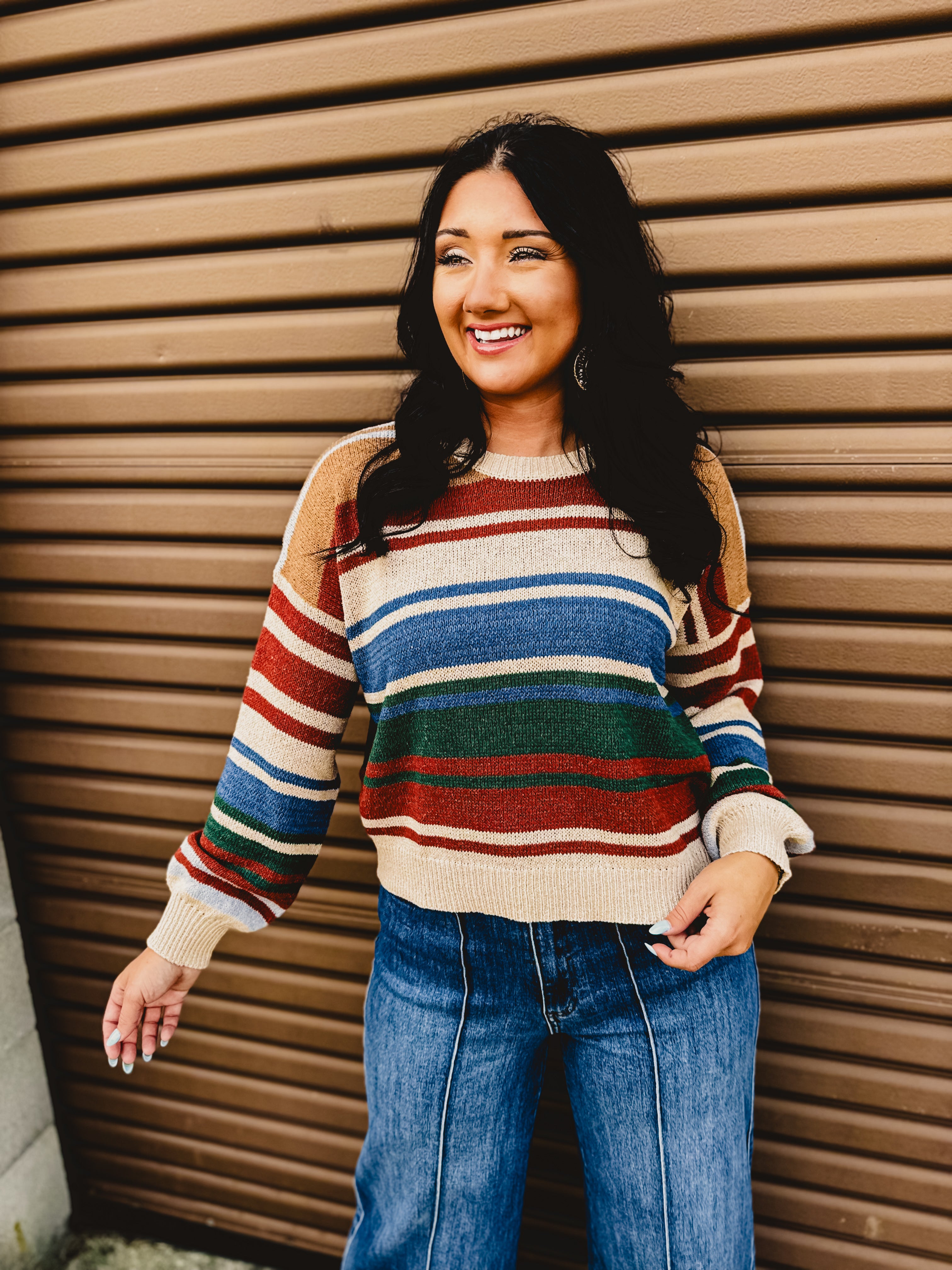 Color Block Striped Sweater - Blue/Rust