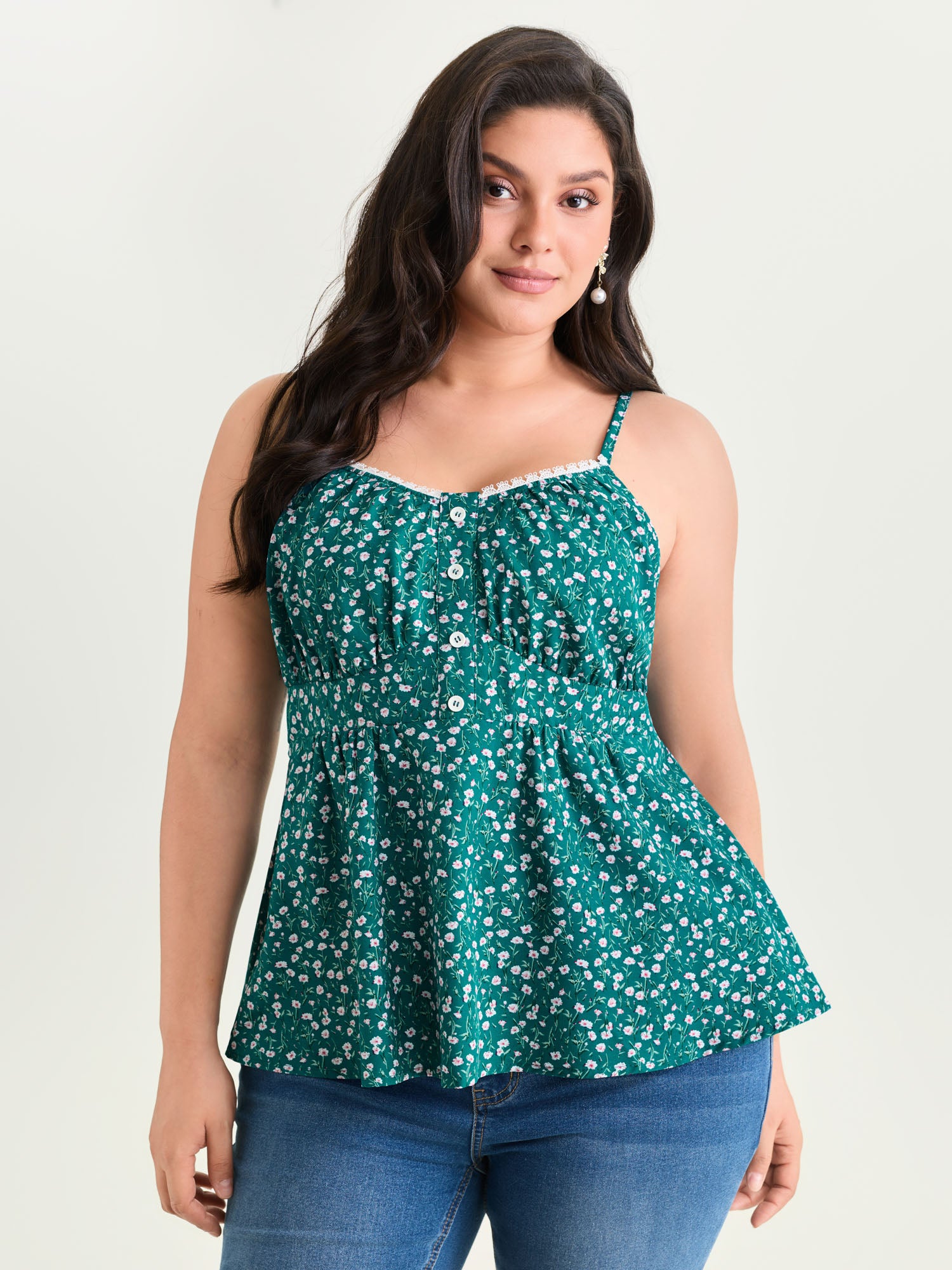 Retro Floral Print Lace Trim Tank Top