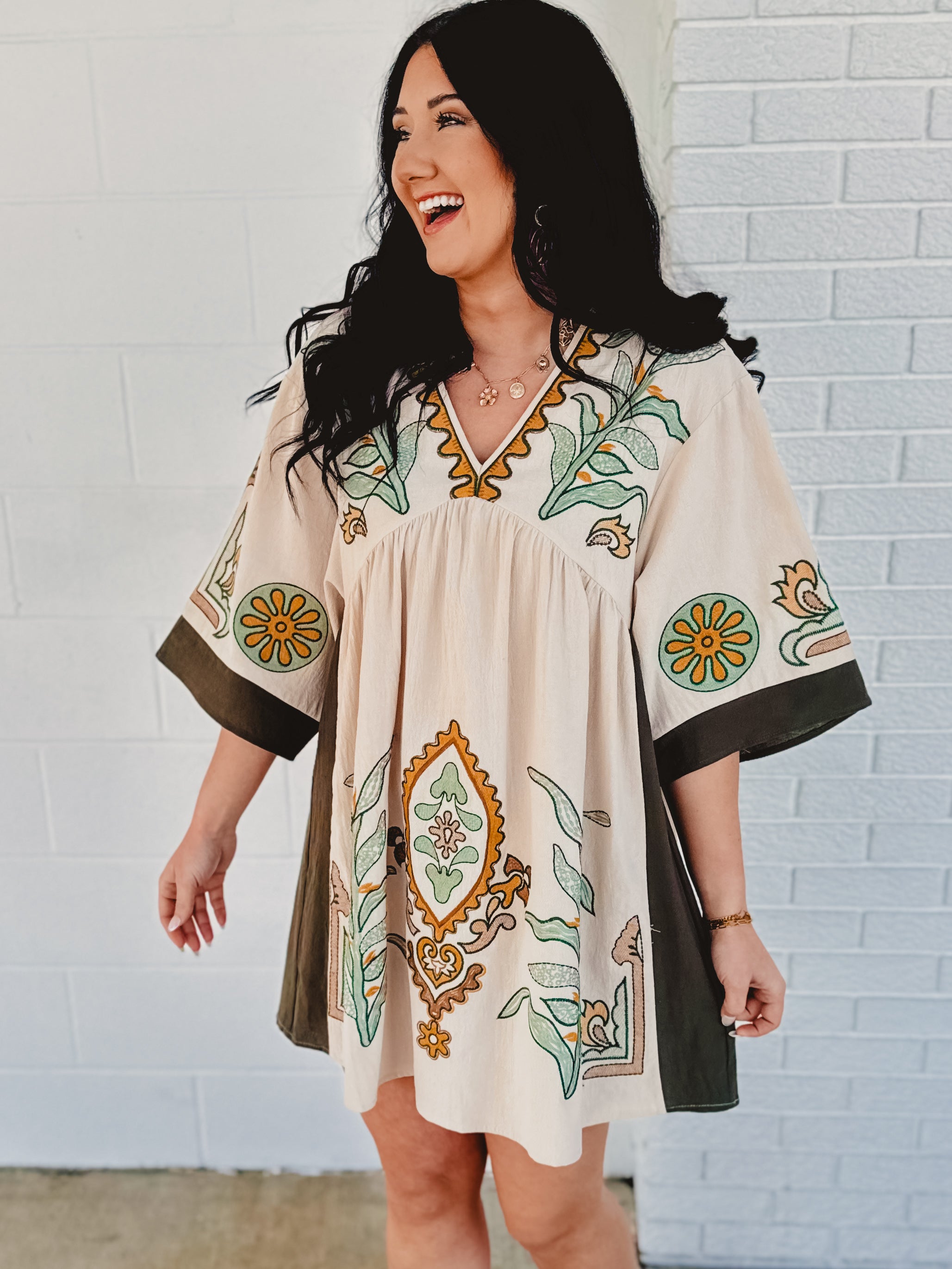 Boho Embroidered Babydoll Dress - Sage