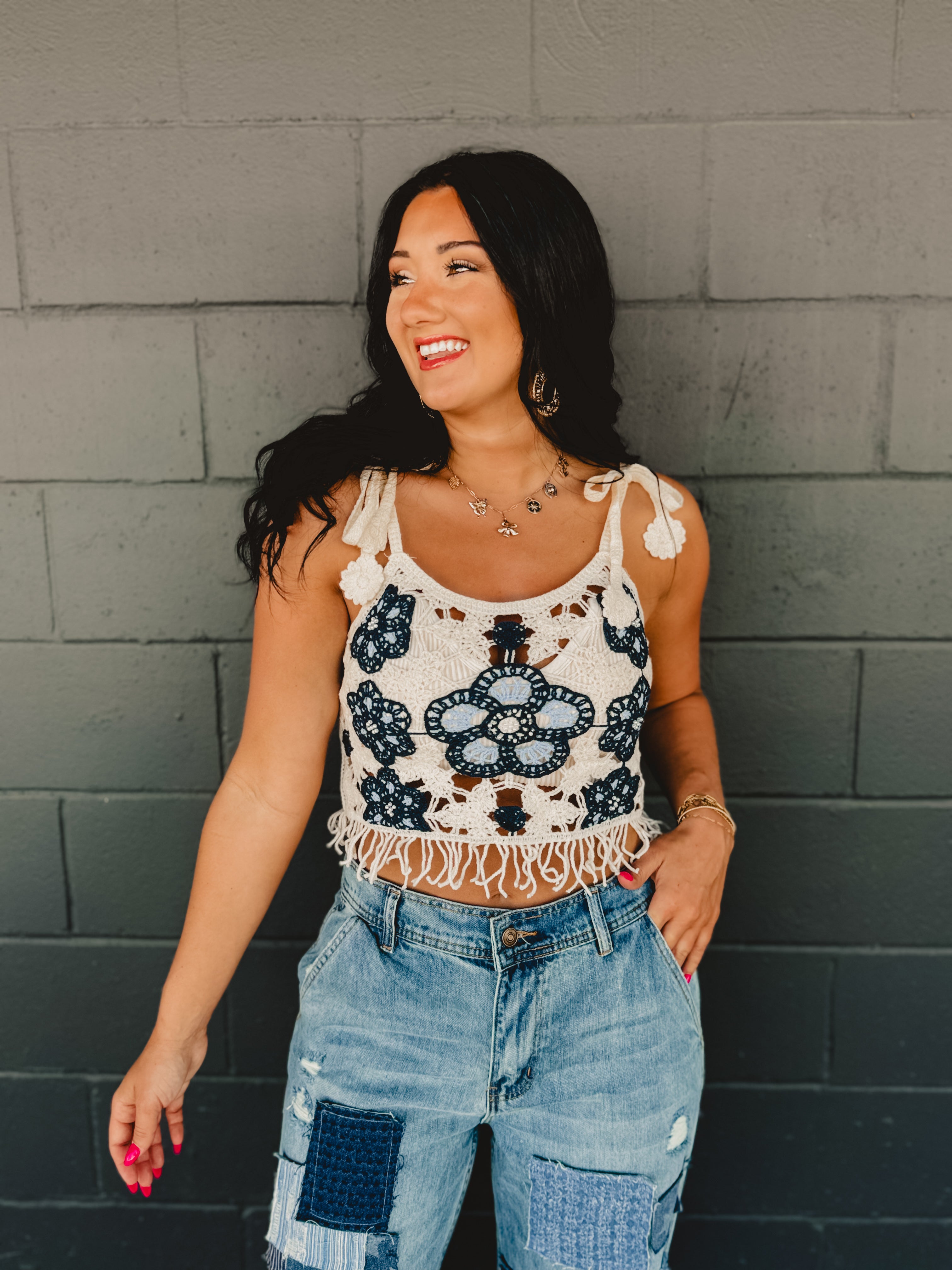 POL Crochet Weave Knit Tank - Blue/Cream