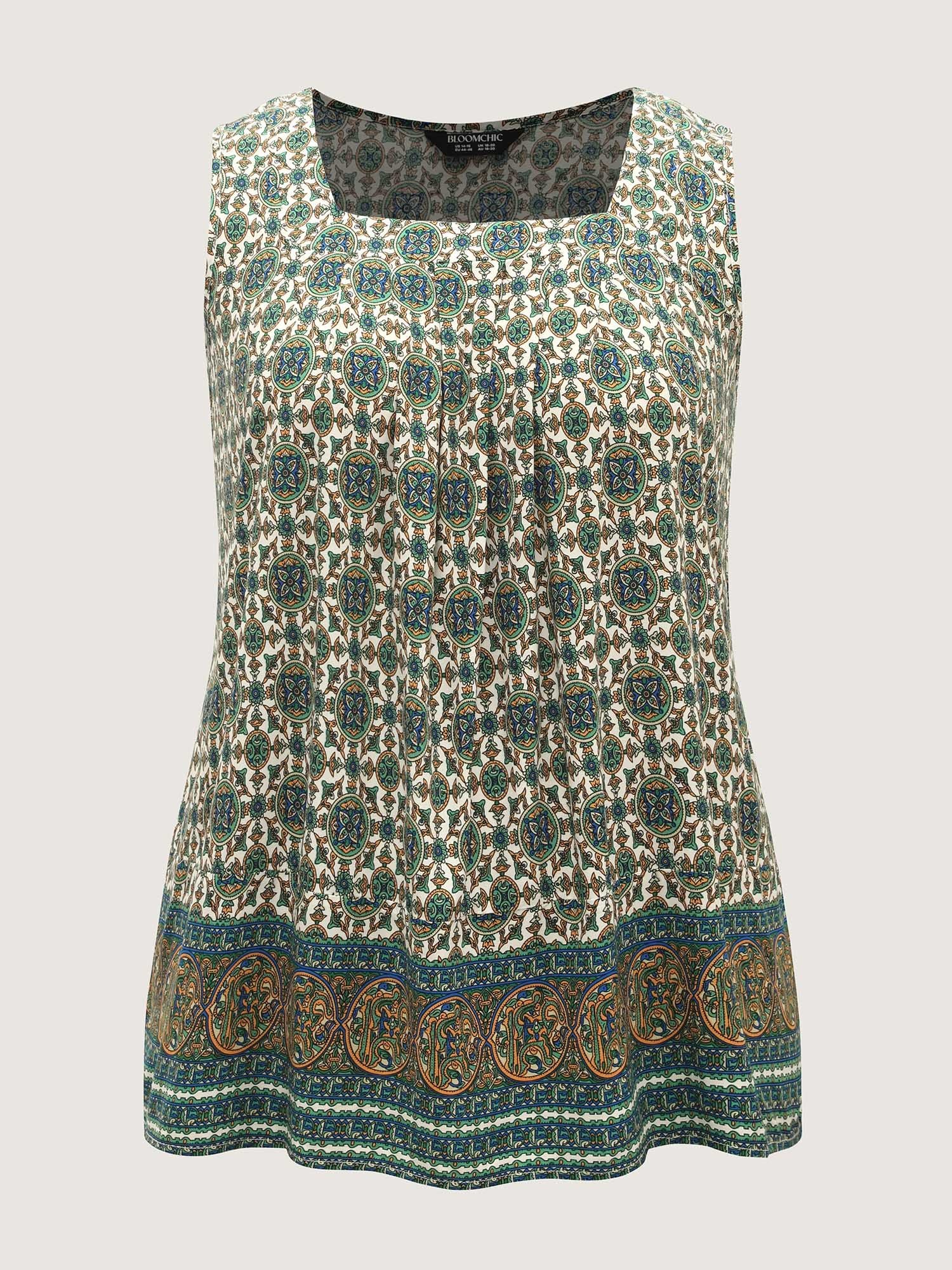 Floral Print Pleated Neckline Tank Top