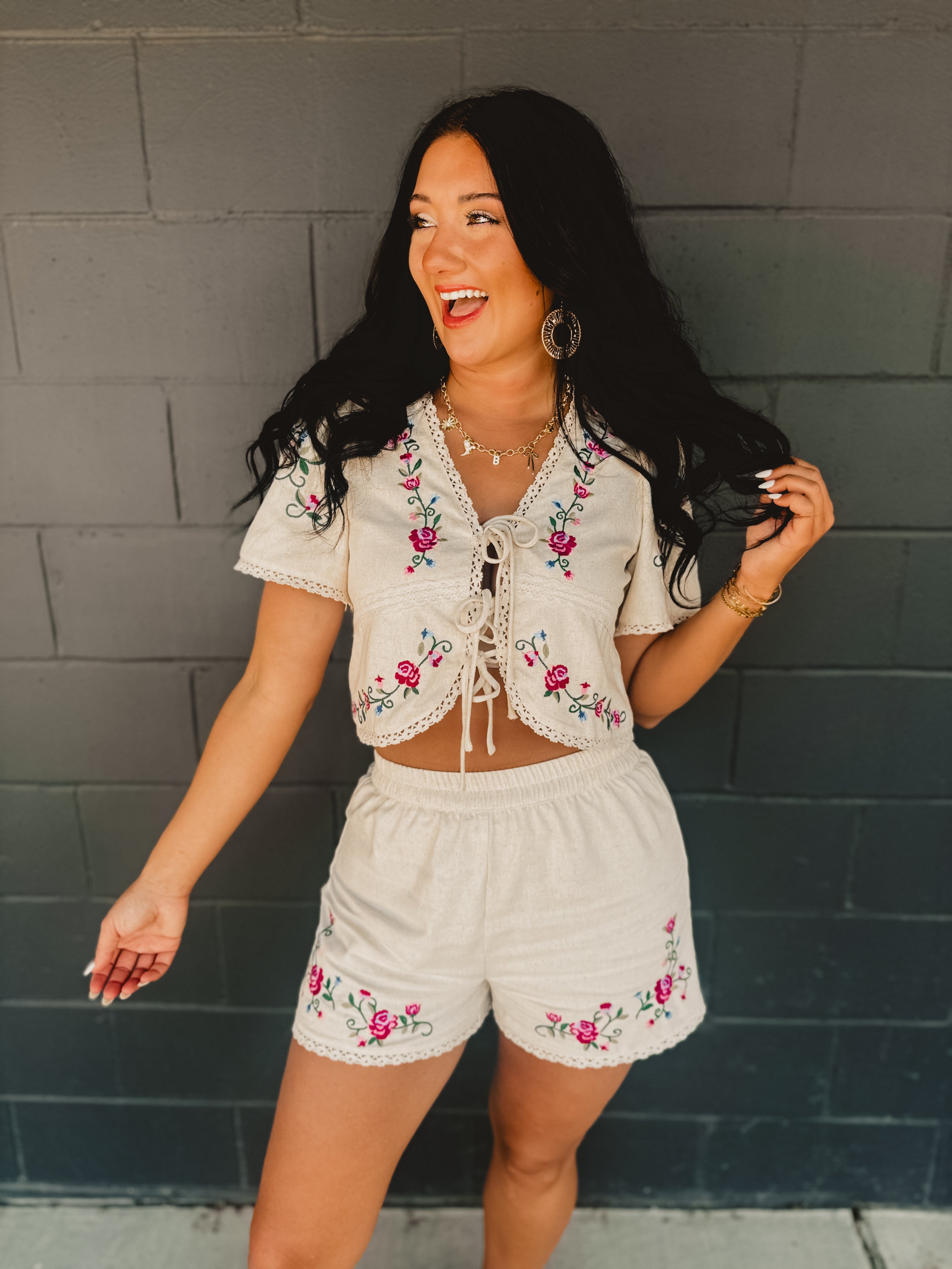 Floral Embroidery Detail Front Tie Cropped Blouse - Natural