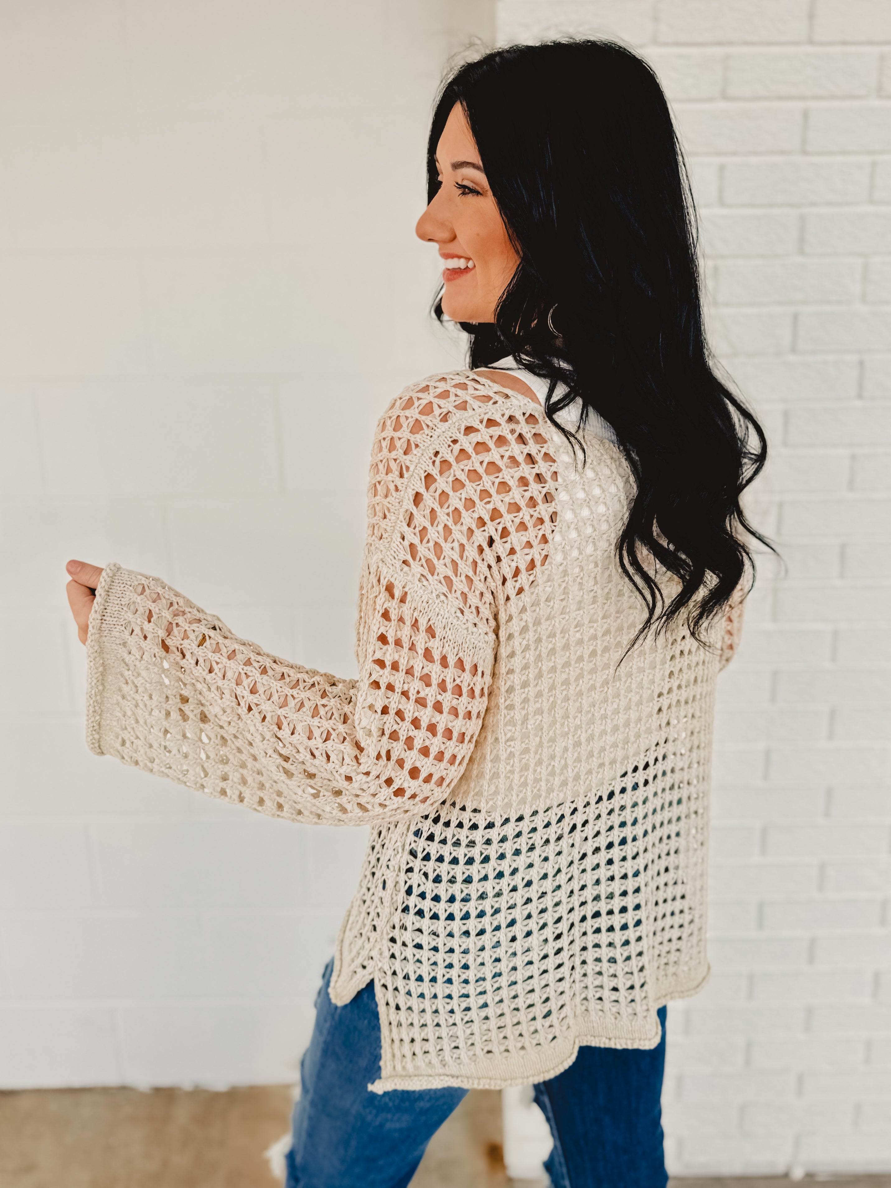 POL Dropped Shoulder Open Knit Boat Neck Sweater Top - Natural