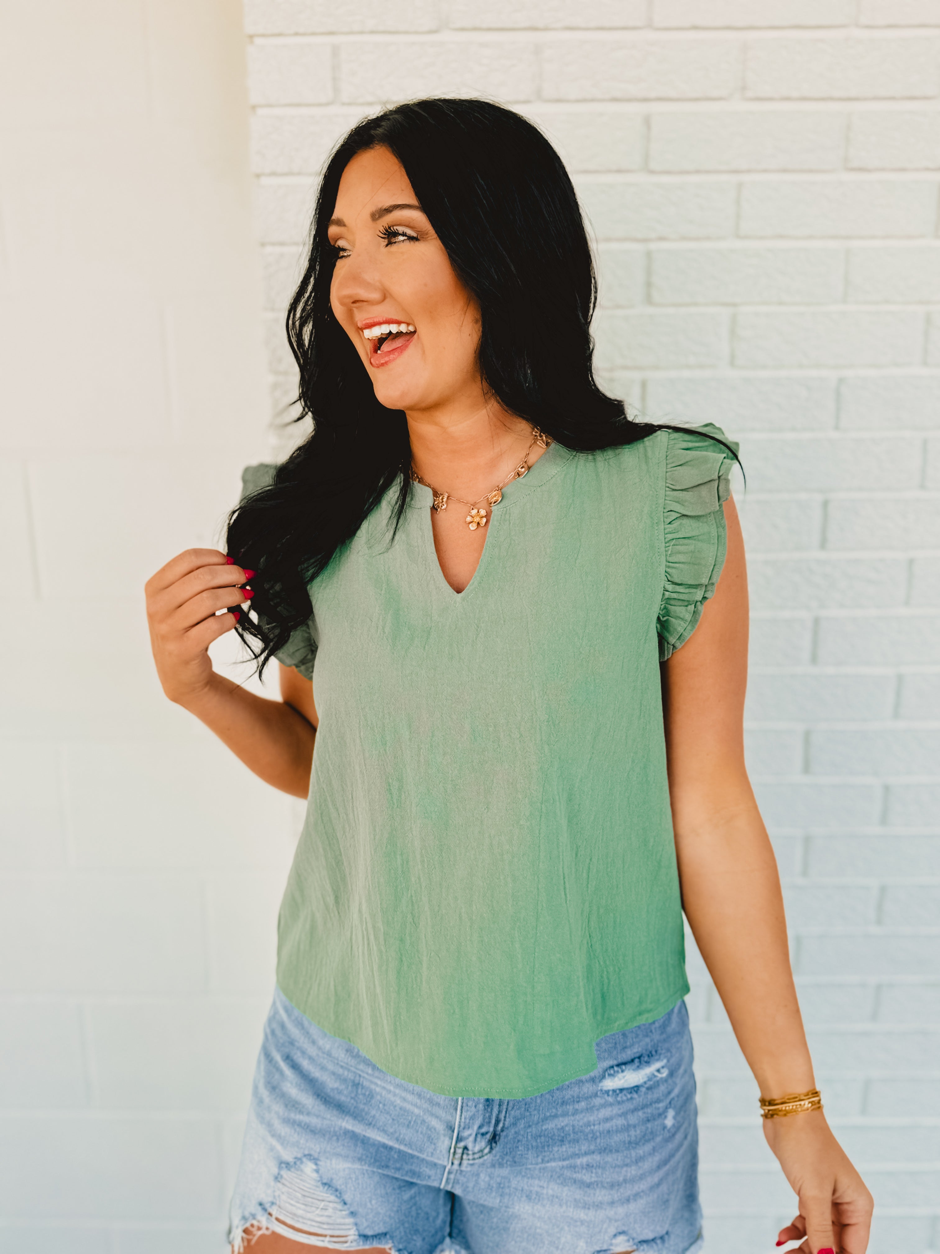 Ruffle Sleeve Top - Teal Green
