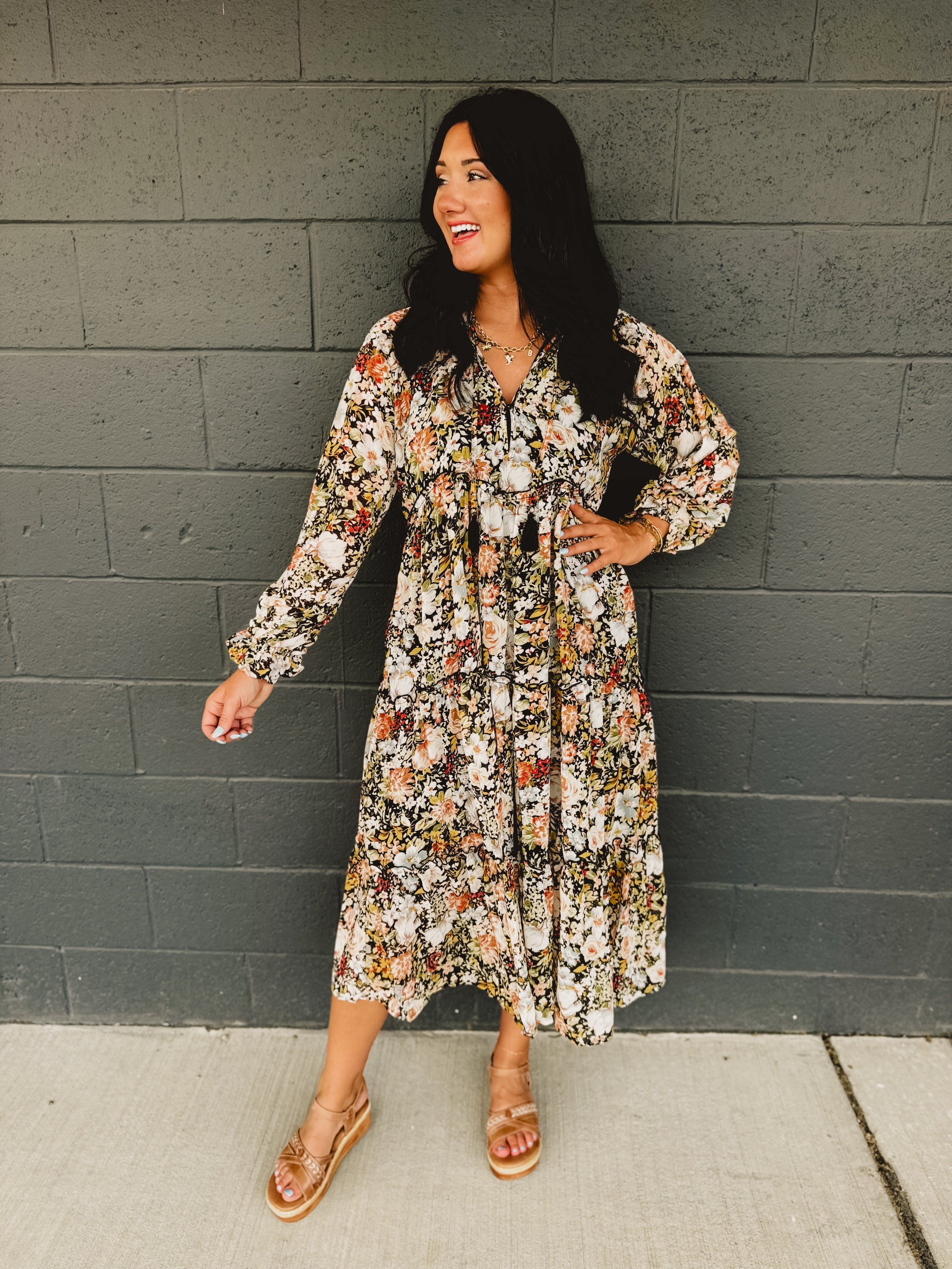 Floral Printed Chiffon Long Sleeve Midi Dress - Black