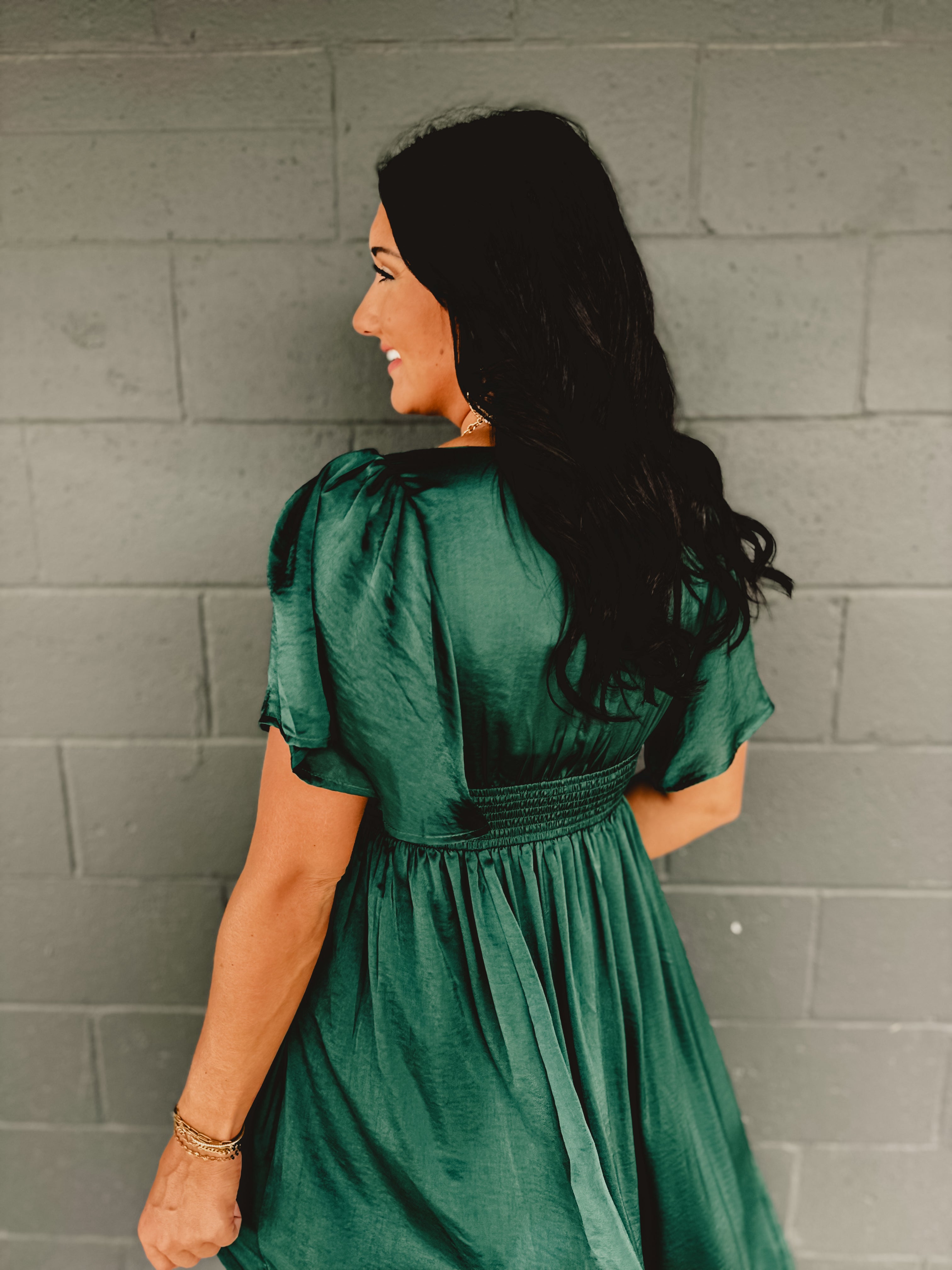 Washed Satin Lace Maxi Dress - Emerald