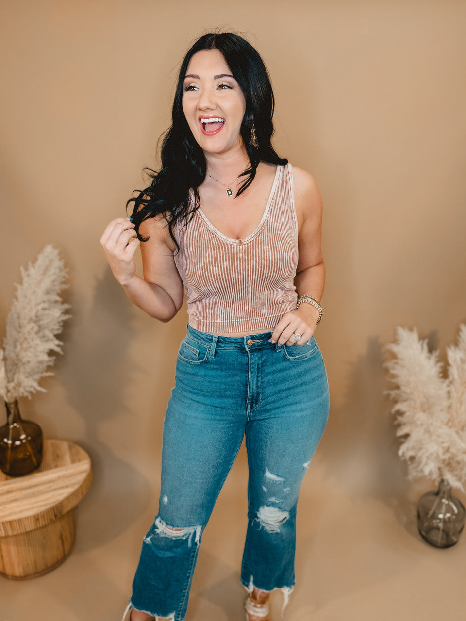 Coming Back V-Neck Cropped Tank - Deep Camel