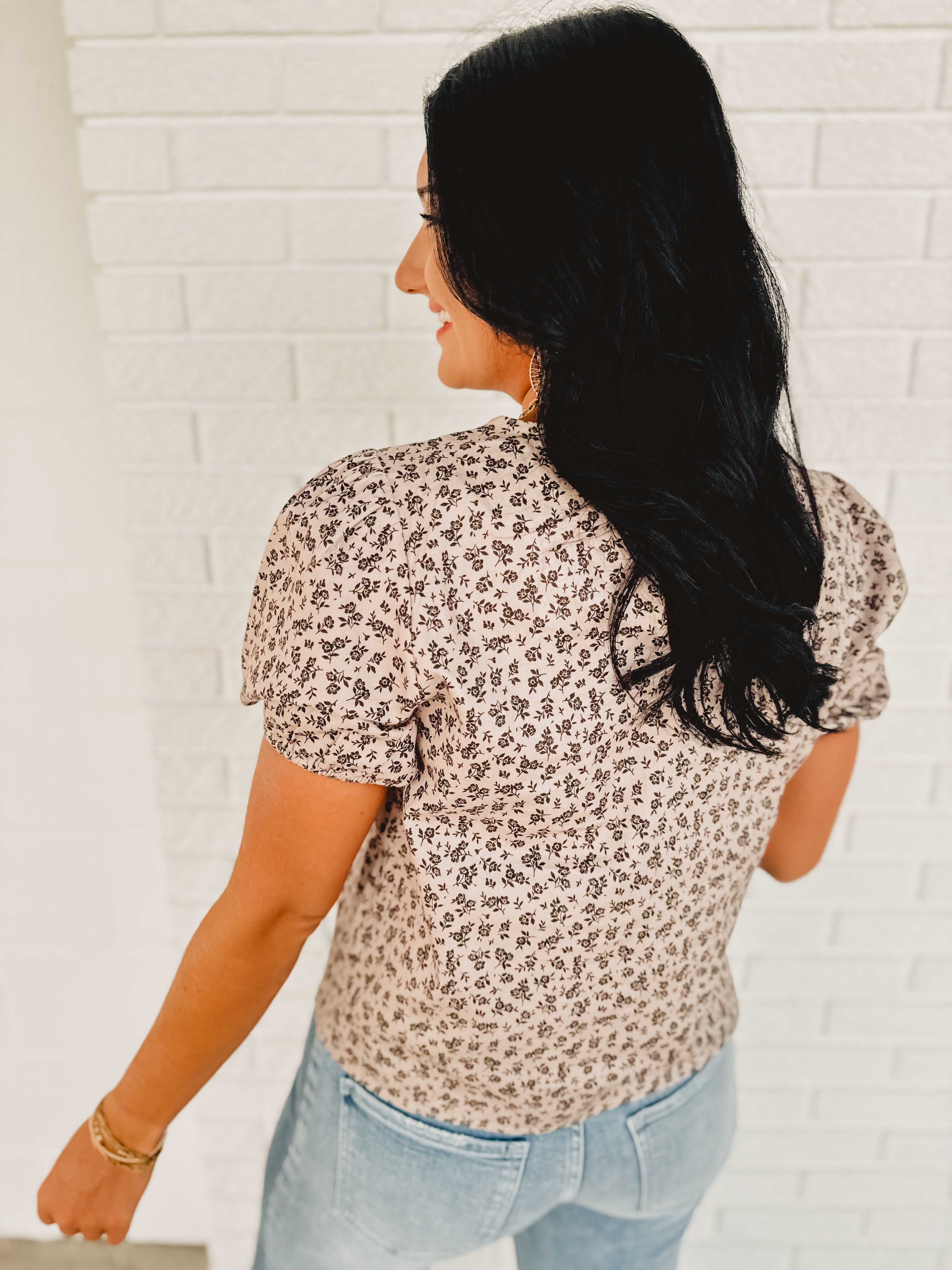 Bow Detail Floral Blouse - Stone/Black