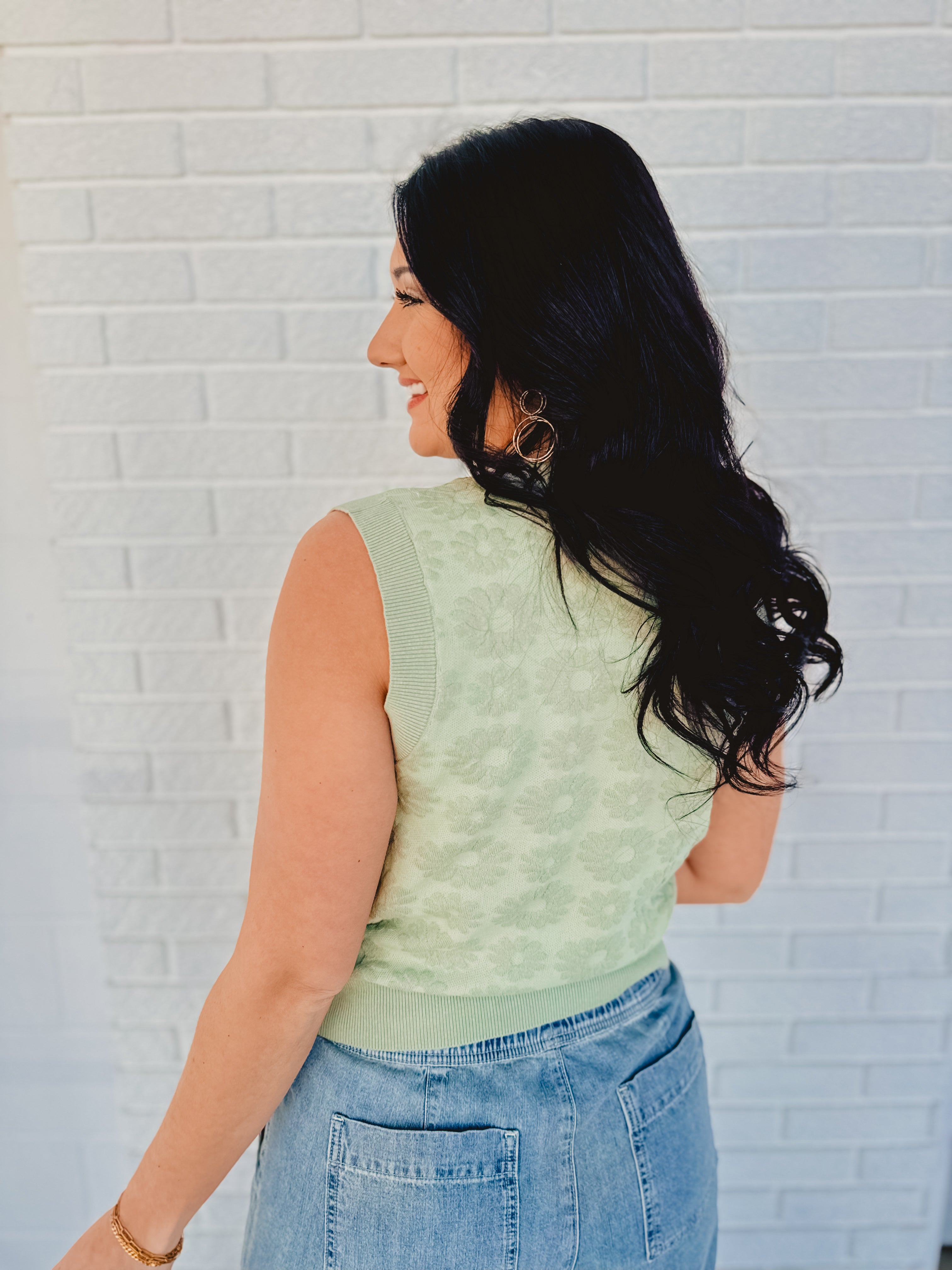 Floral Jacquard Sweater Knit Top - Sage