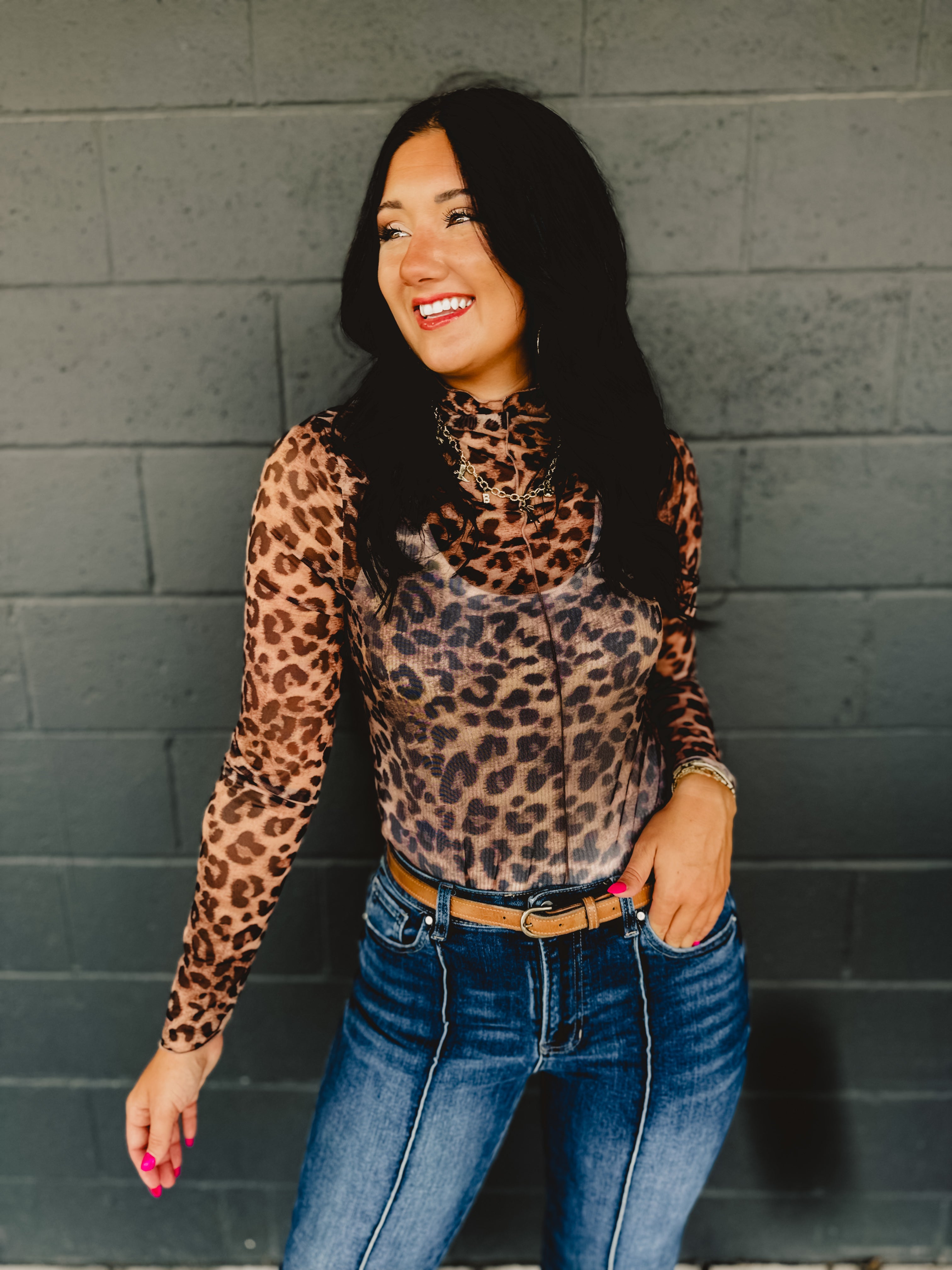 Leopard Mesh Mock Neck Top