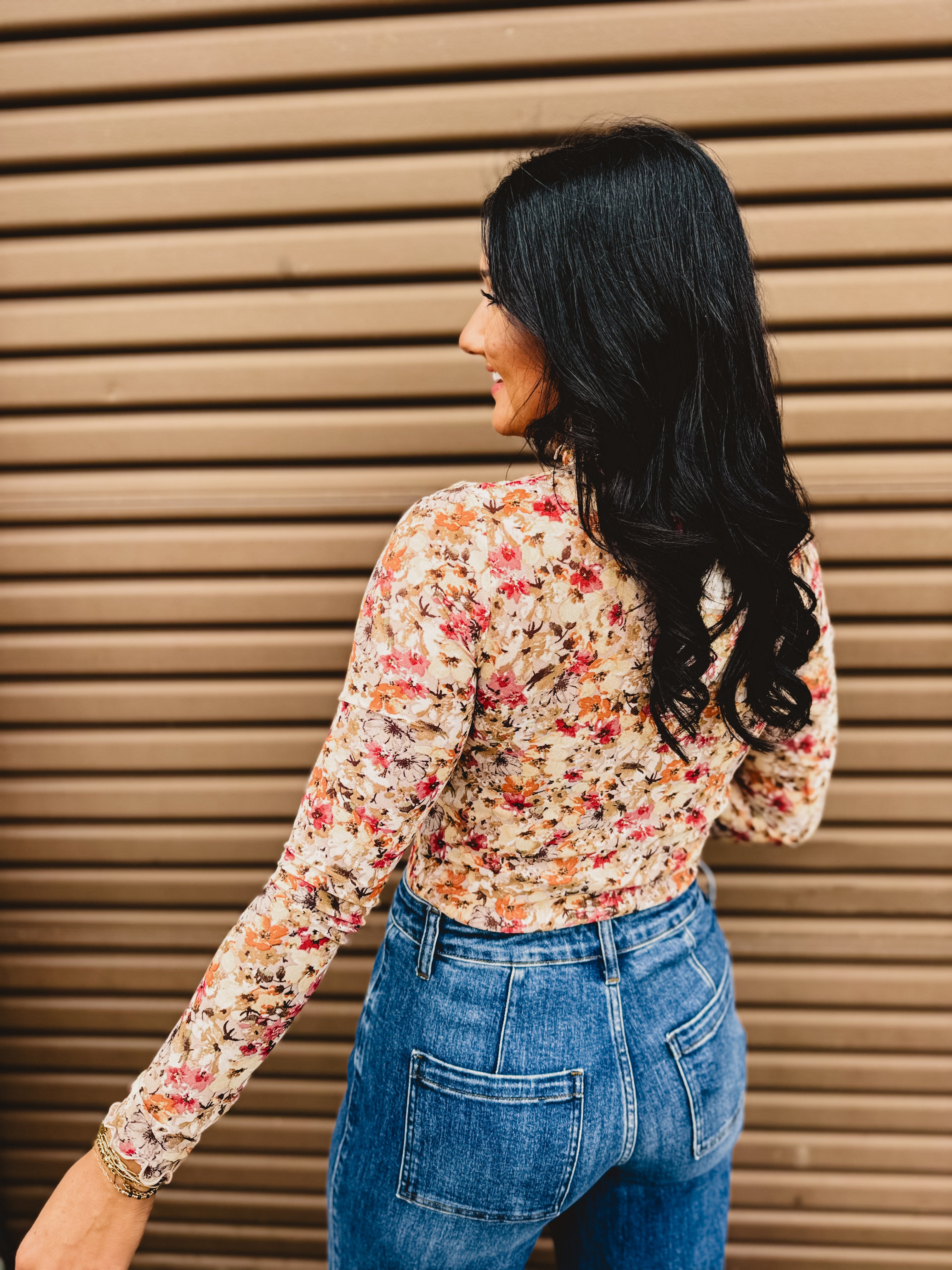 Floral Mesh Mock Neck Long Sleeve Top - Taupe