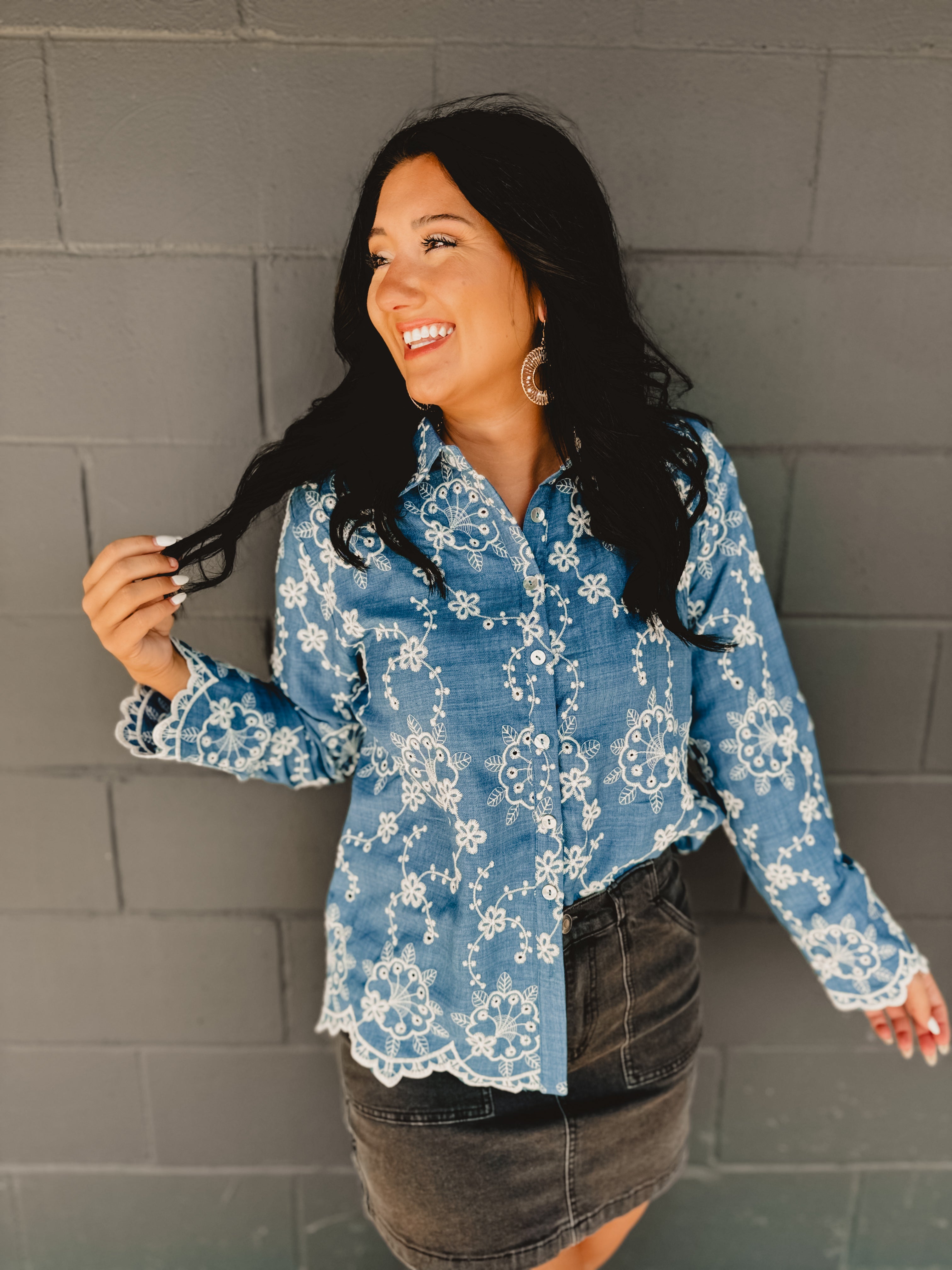 Button Down Floral Embroidered Denim Top