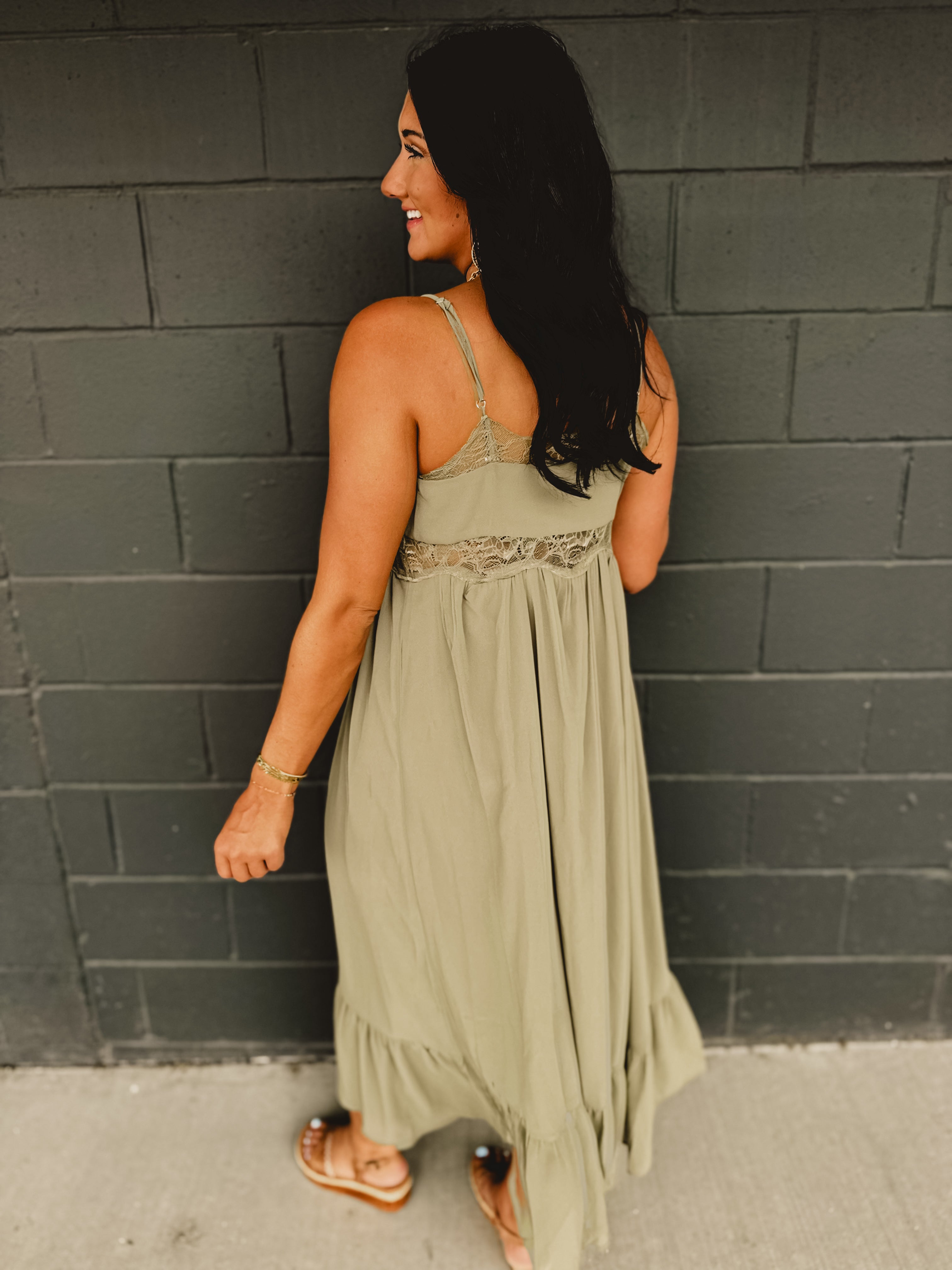 Lace Trim Detail Maxi Dress - Olive