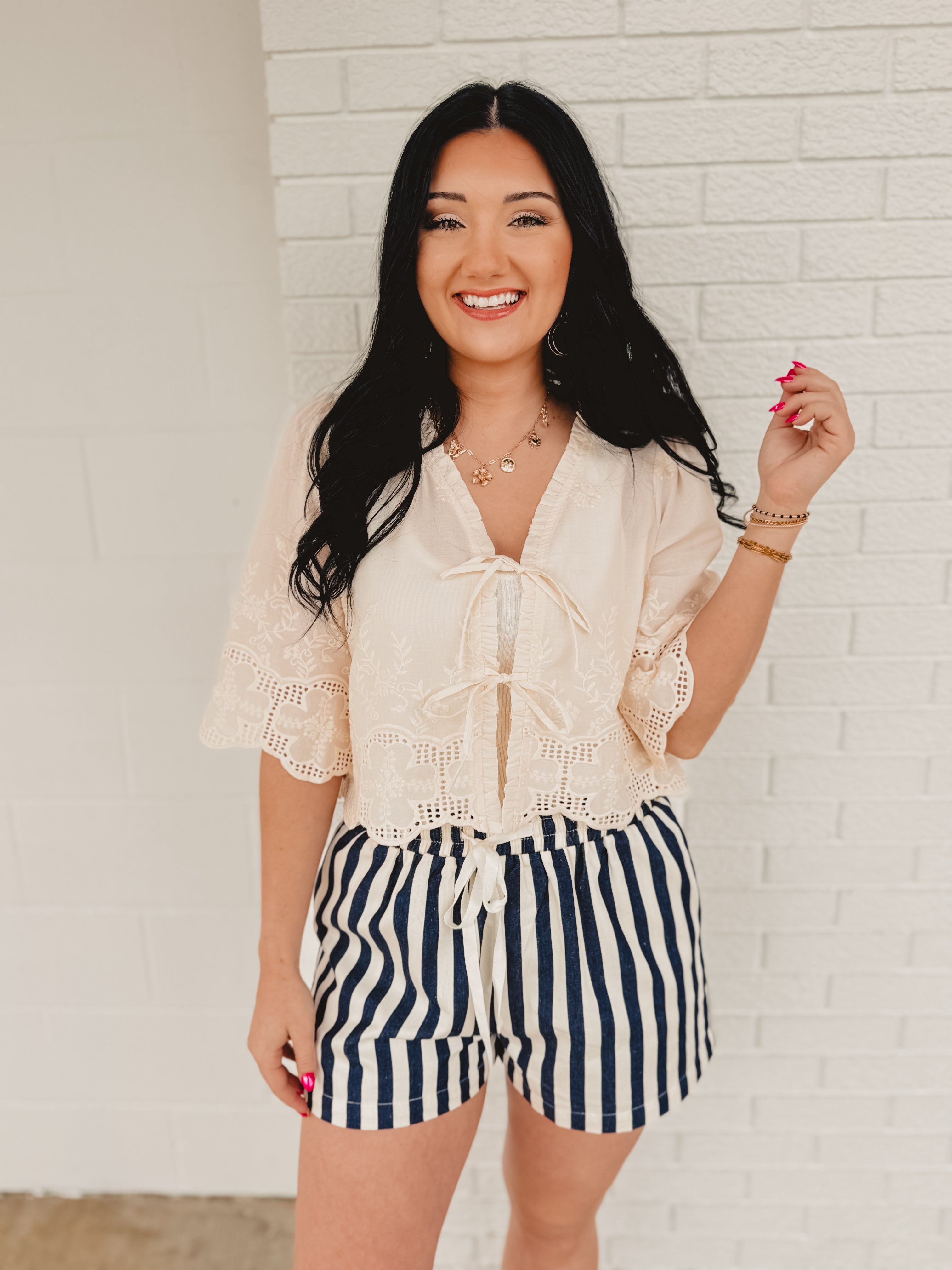 Floral Embroidery Tie Front Blouse - Ivory