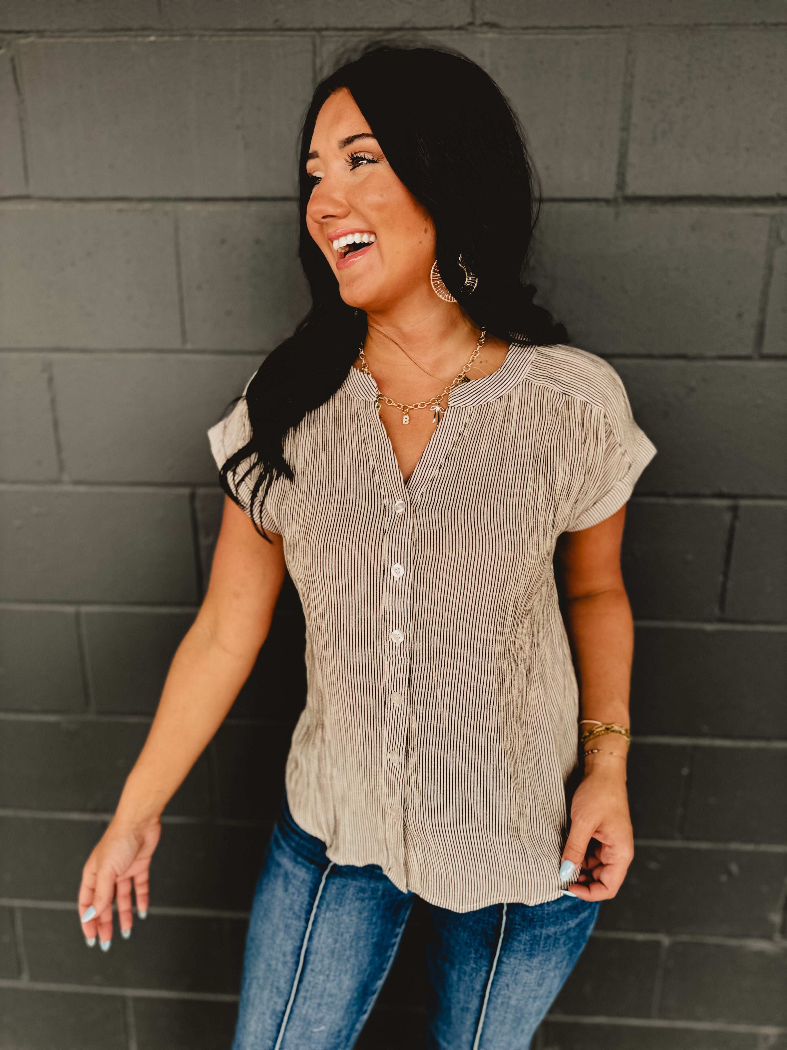 Pinstripe Short Cuff Sleeve Button Down Top - Champagne