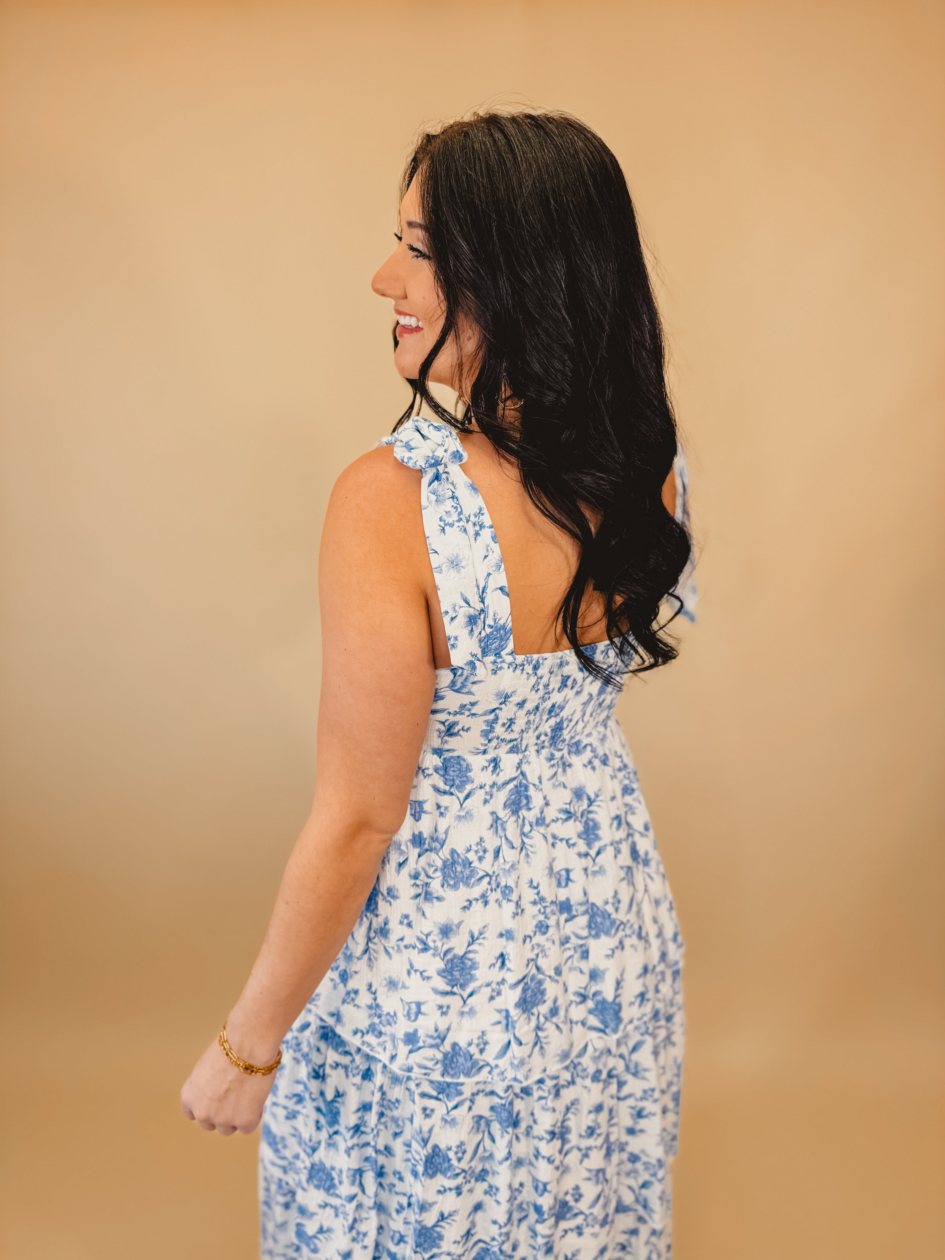 Floral Print Ruffle Tiered Midi Dress - Blue