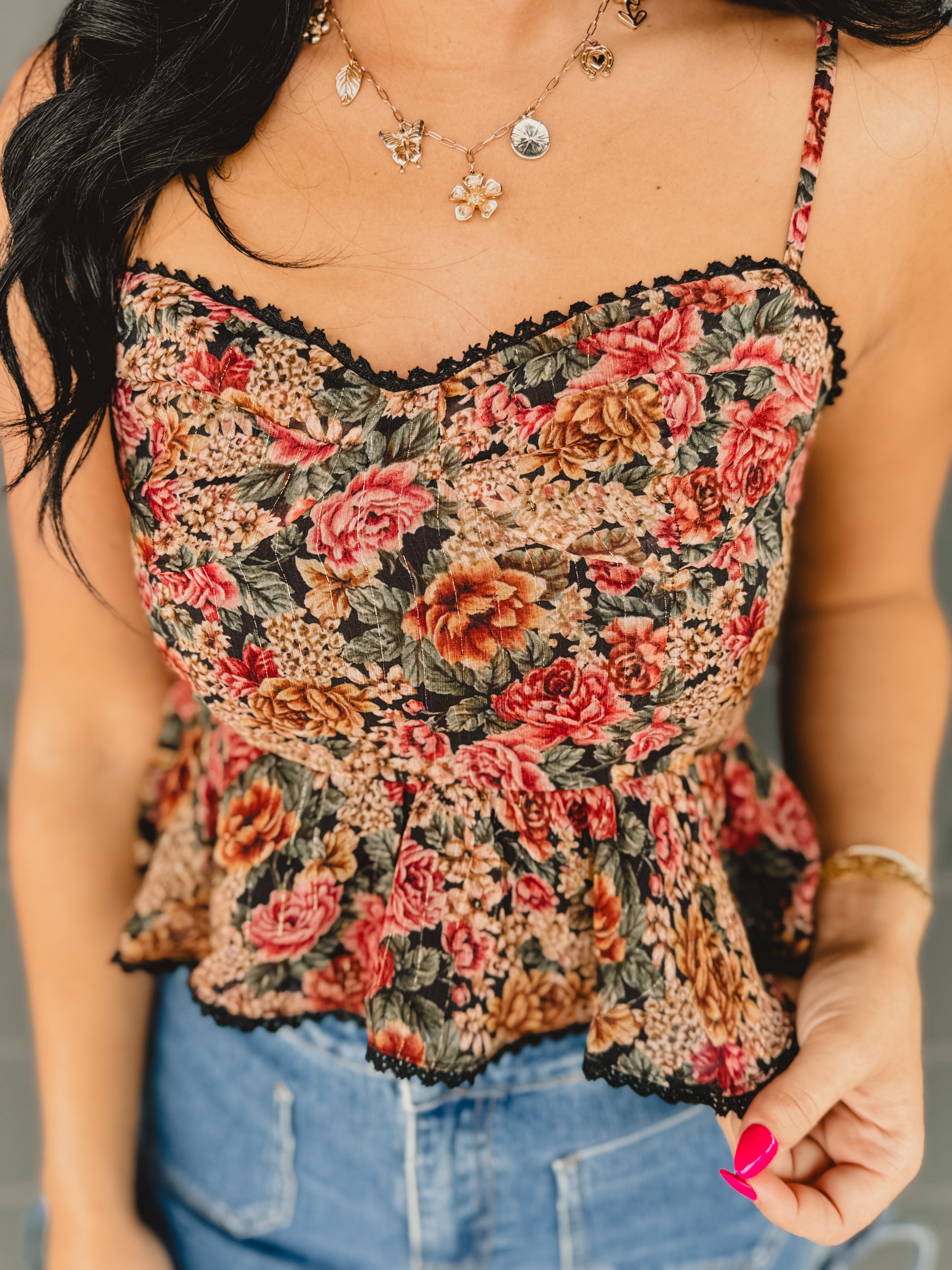 Vintage Floral Print Flared Cami Top - Rose/Black