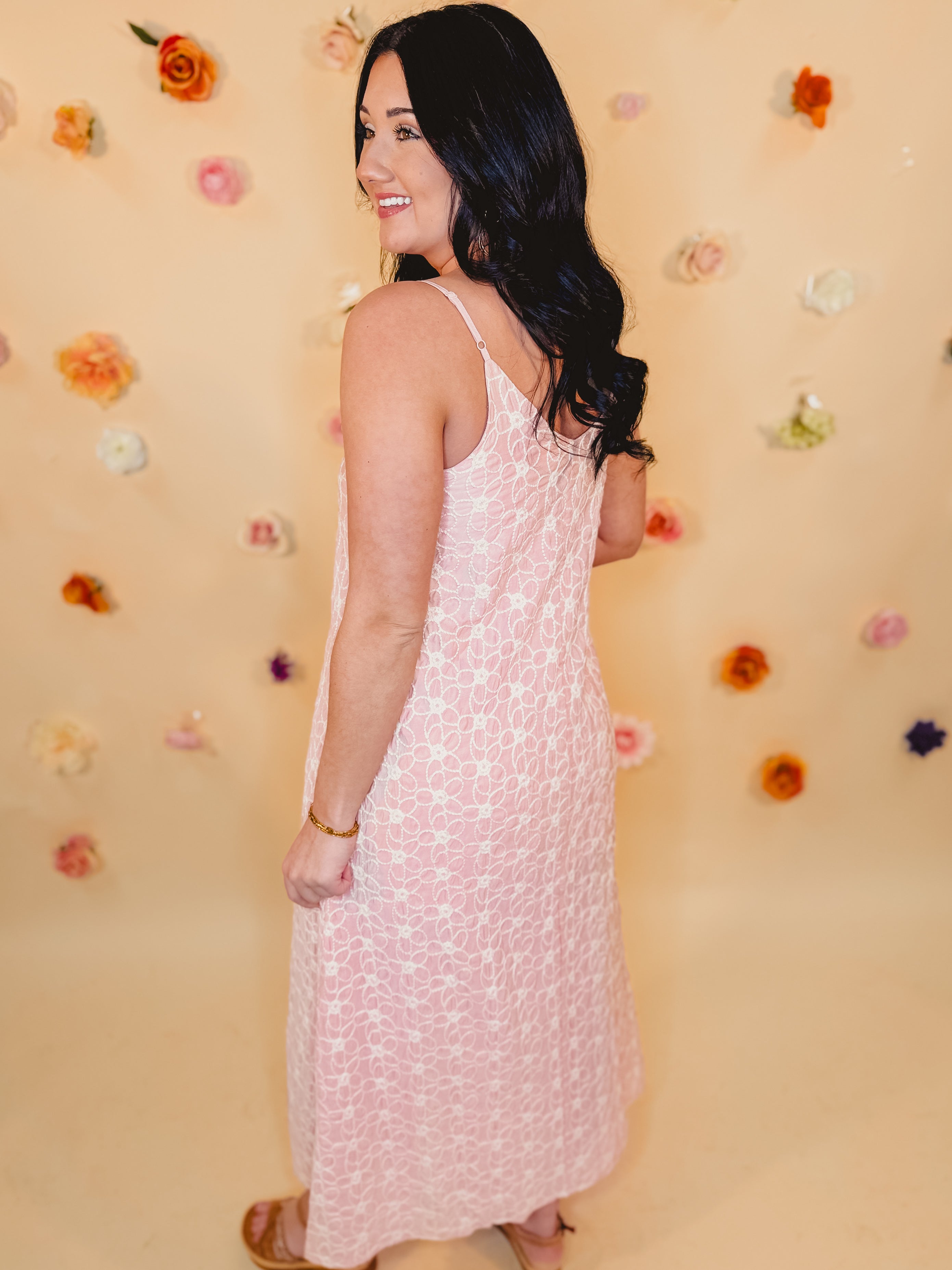 Floral Embroidered V-Neck Dress - Sunset Coral