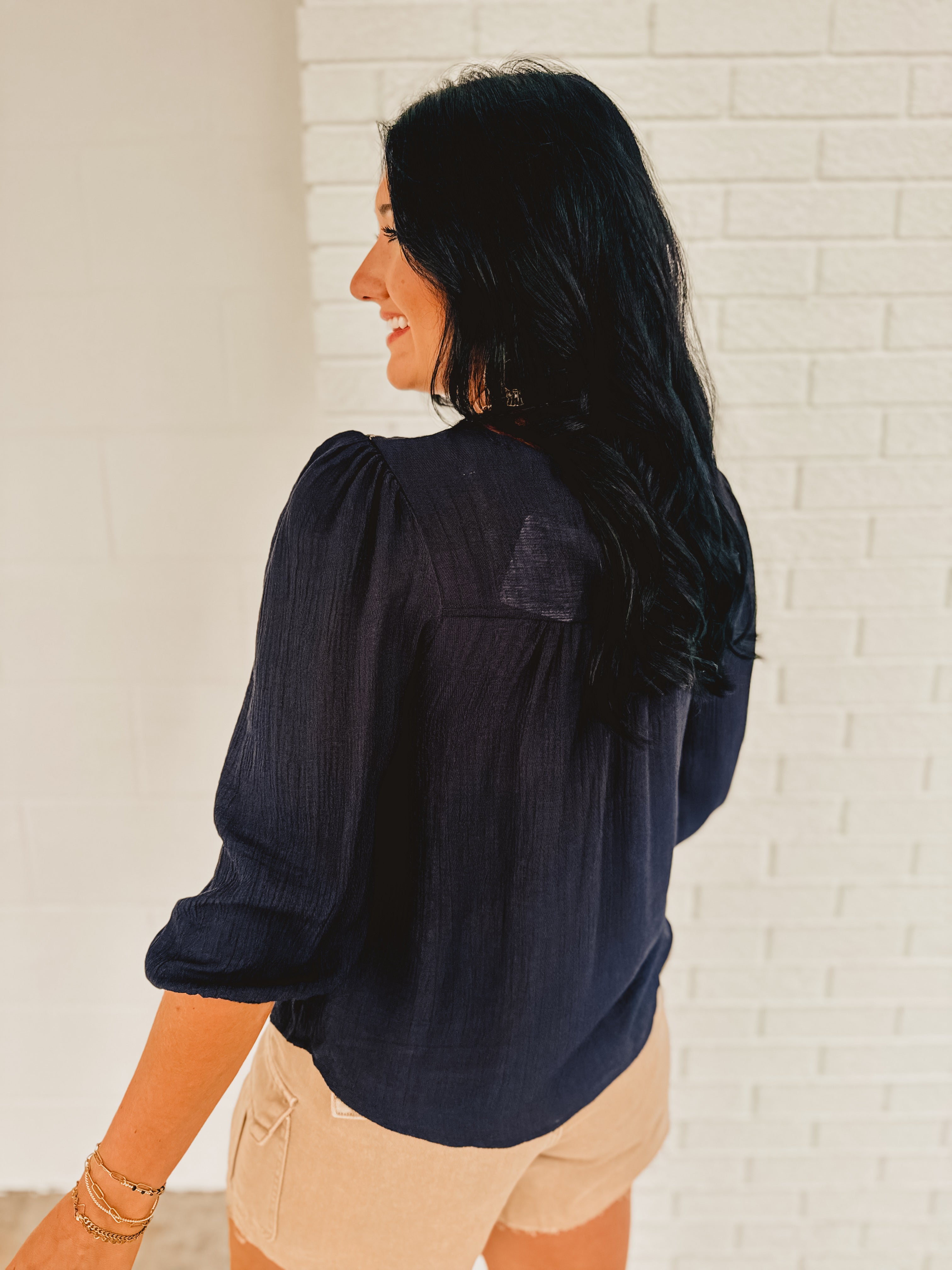 Half Sleeve Embroidered Blouse - Navy
